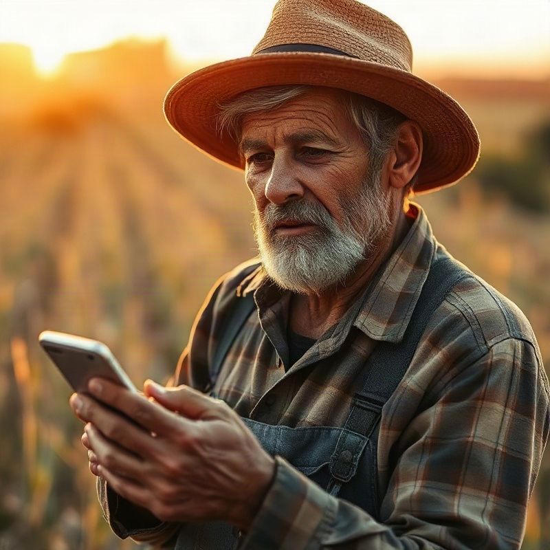 Trabajador rural uruguayo mira la pantalla de un smartphone en el campo bajo luz cálida de tarde
