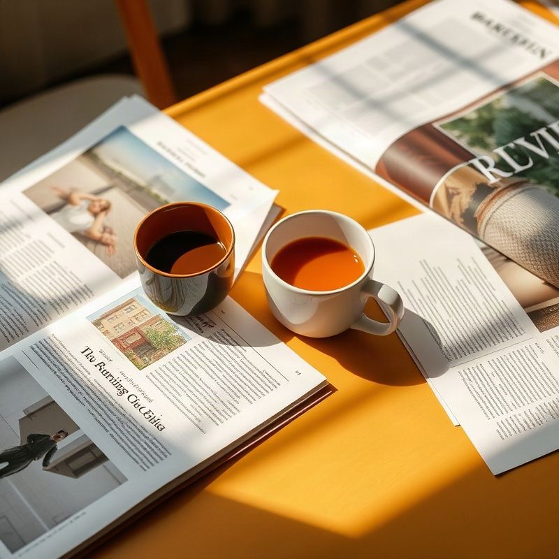 Artículos impresos y una taza de café sobre una mesa iluminada con luz cálida
