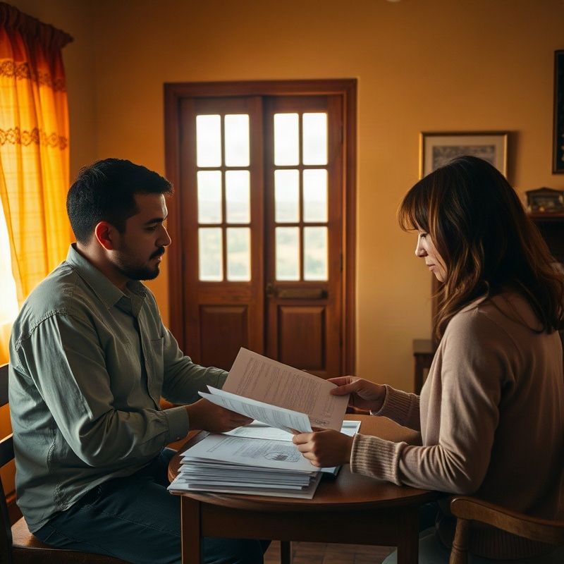Dos personas revisan páginas impresas en un escritorio pequeño bajo luz cálida en una ciudad del interior de Uruguay