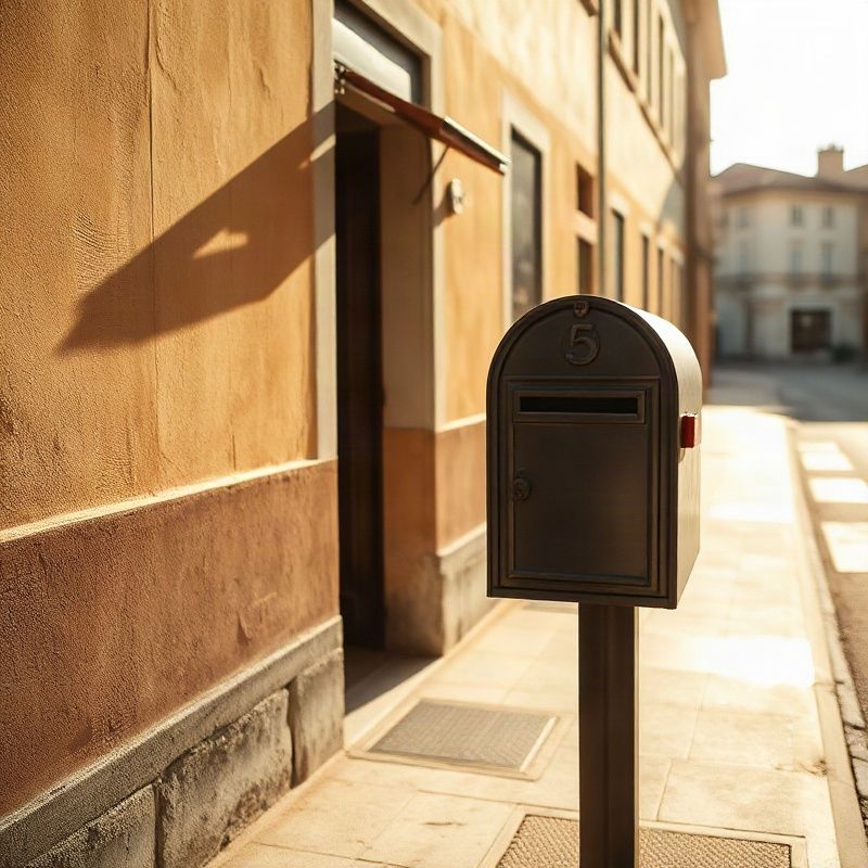 Buzón en una calle soleada de Tacuarembó con fachada de arquitectura de estilo europeo